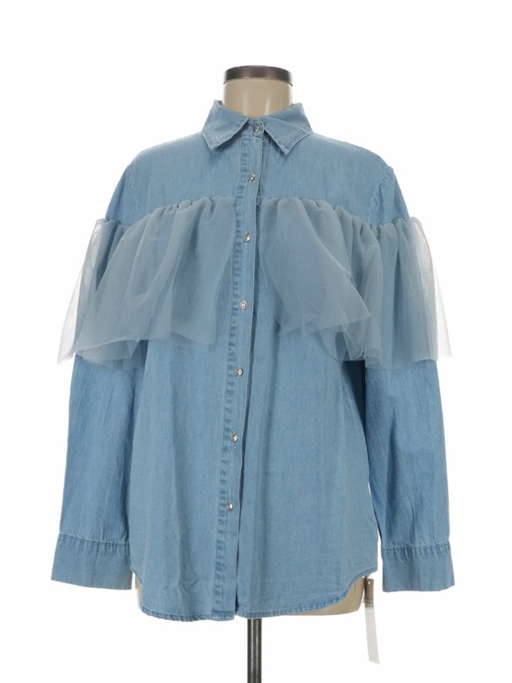 Light Blue Denim Shirt with Tulle Ruffle